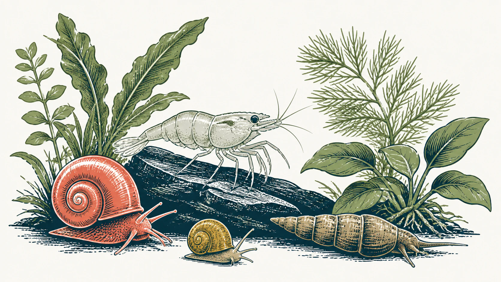 Illustrated freshwater plants surrounding shrimp and snails